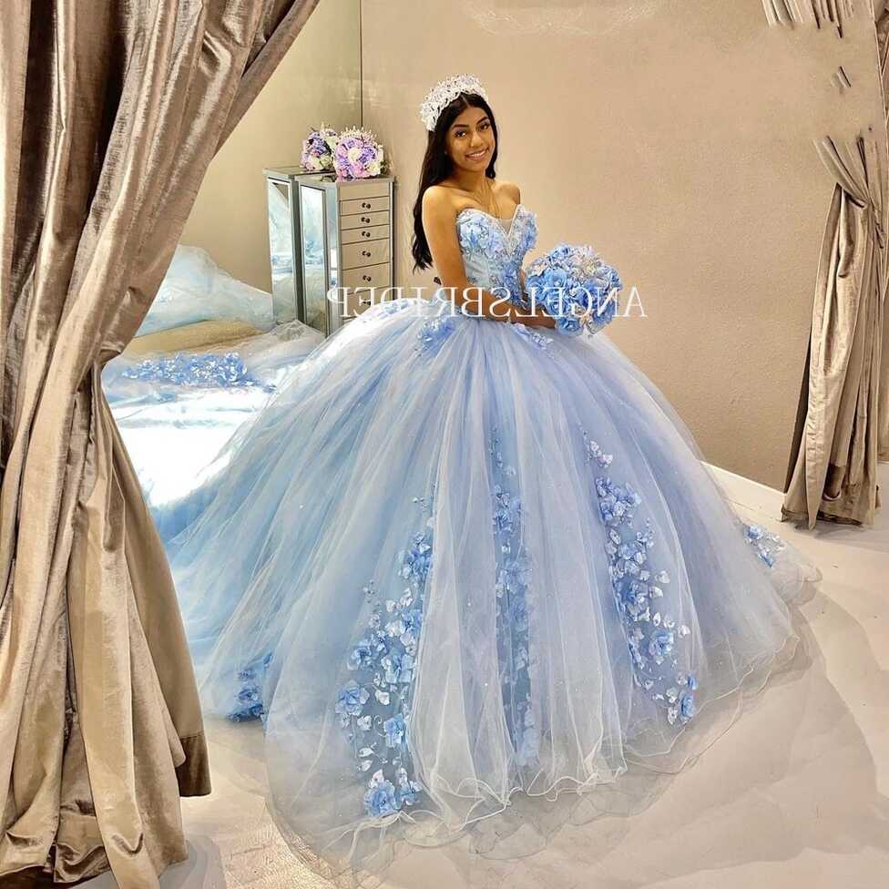 Angelsbridep Light Blue Handmade Flowers Ruffle Ball Gown 15 Year ...