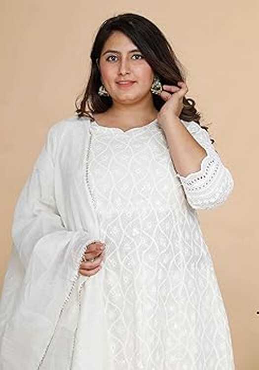 Angiya Women Plus Size Cream-Coloured Chikankari Thread Work ...