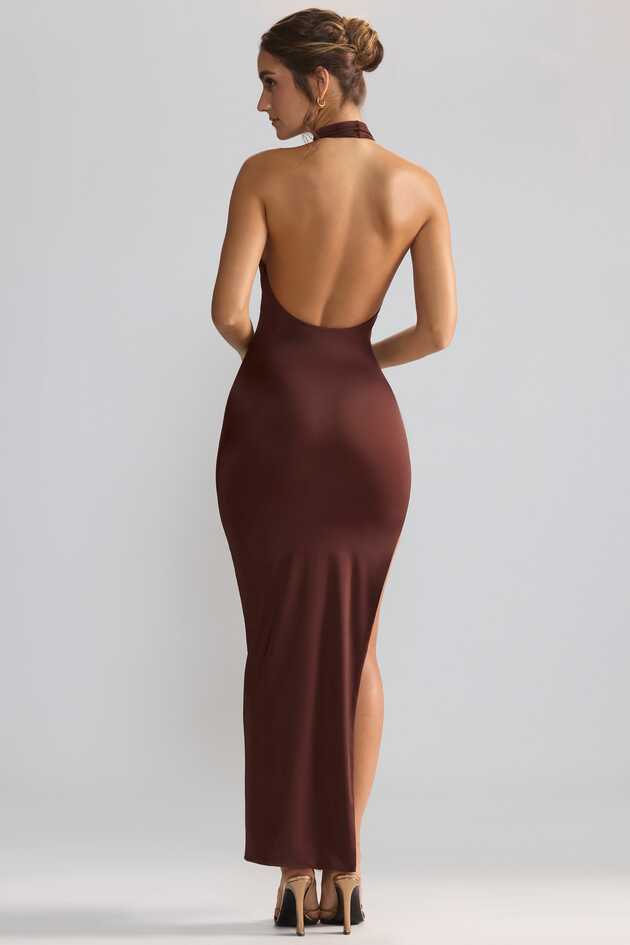 Anise Premium Jersey Cowl Neck Backless Maxi Dress in Brown | Oh Polly