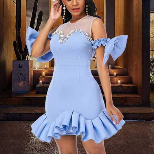 Aomei Lovely Birthday Party Female Dress Pleated Bead Bodycon Blue ...