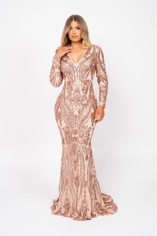 Arabella Rose Gold Luxe Tribal Vip Sequin Plunge Fishtail Dress ...