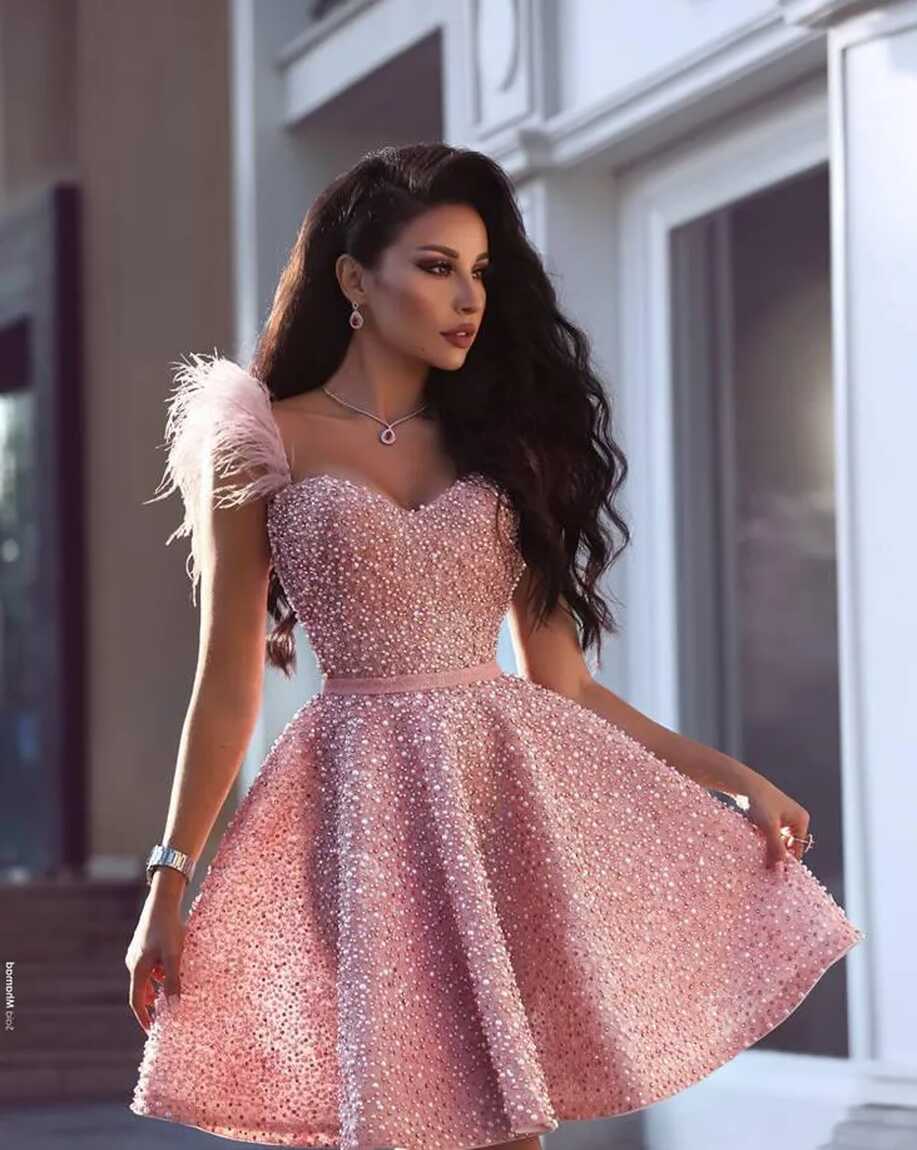 Arabic Dubai Style Knee Length Pink Sparkly Cocktail Dress Sexy ...