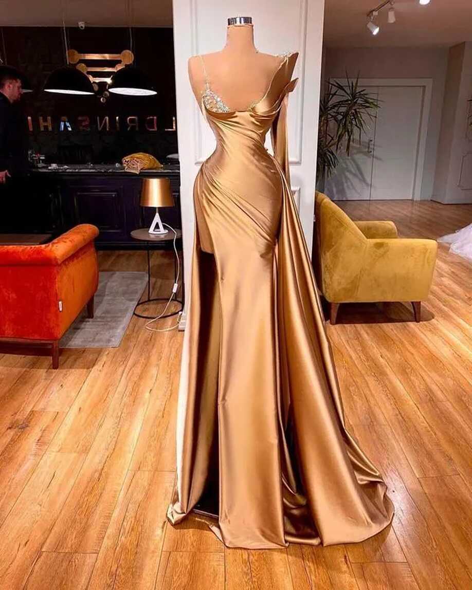 Arabic Gold Crystal High Split Prom Dress Ebi Aso Satin Evening ...