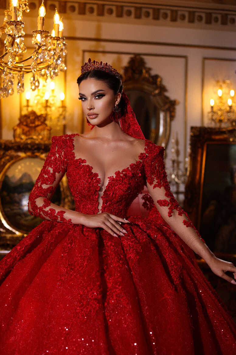 Arabic Luxury Red Lace Wedding Dress Long Sleeves Sparkly Sequin ...