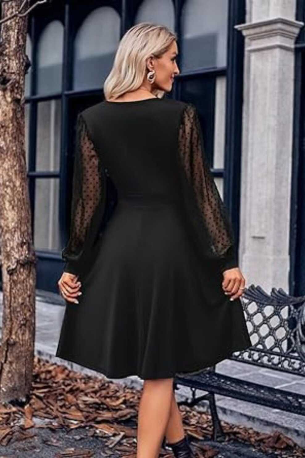 Arden Black Short Evening Dress, A-line, V-neck Long Sleeve Tulle ...