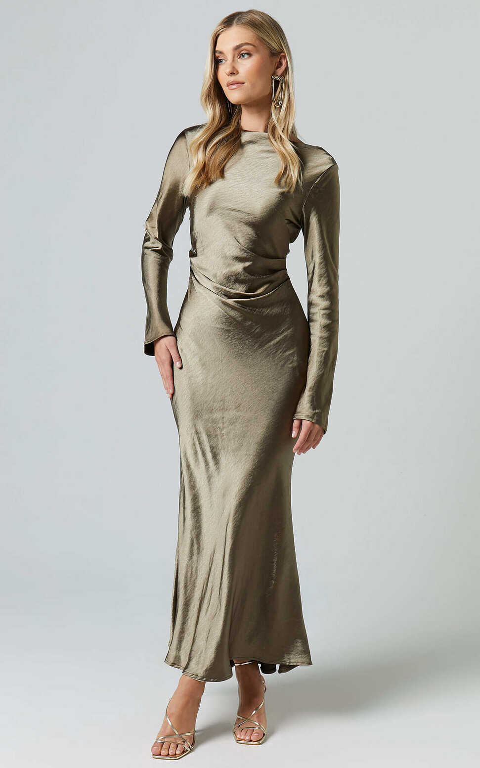 Arriana Midi Dress - Long Sleeve Cowl Back Satin Dress in Olive ...