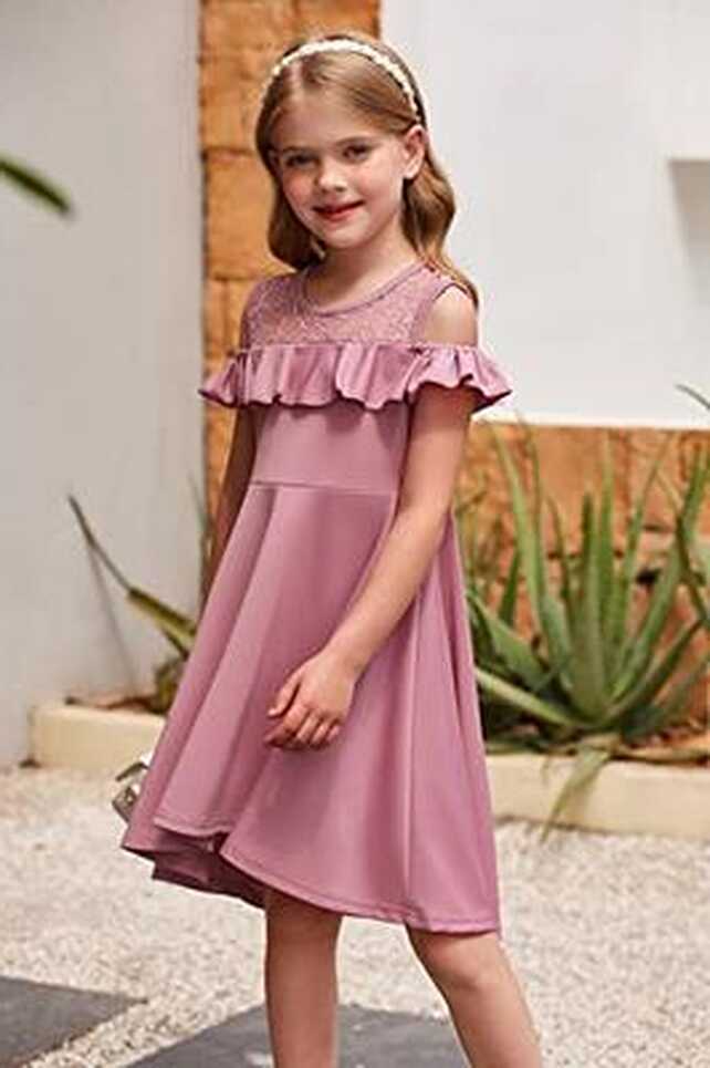 Arshiner Teens Girls Pink Sundress Ruffle Trim Cold Shoulder Girls ...