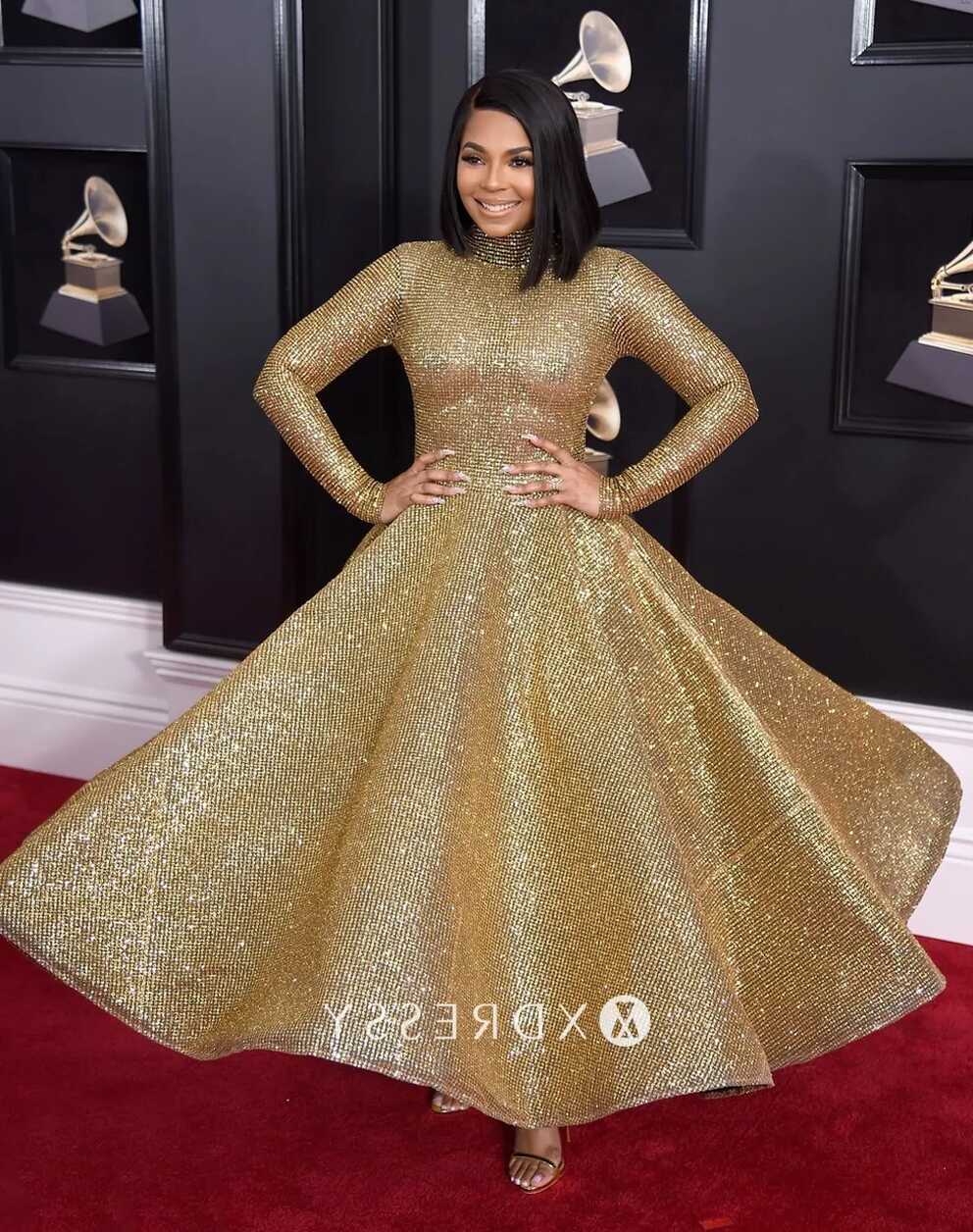 Ashanti Glitter Gold Long Sleeve Ball Gown 2018 Grammys - Xdressy