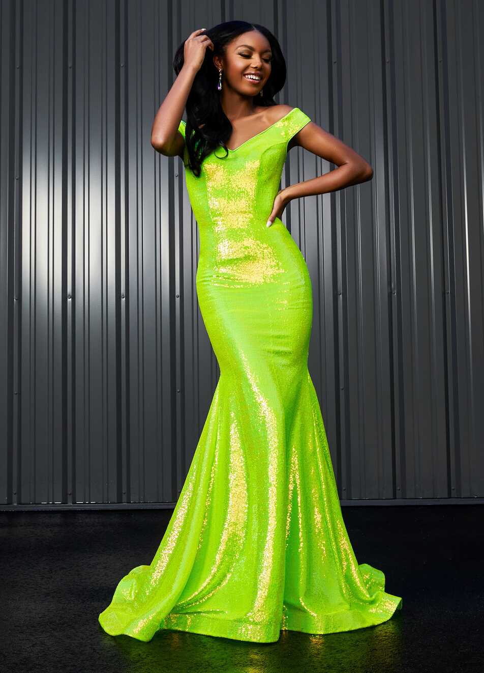 Ashley Lauren 11109 Size 16 Neon Off the shoulder sequin prom ...