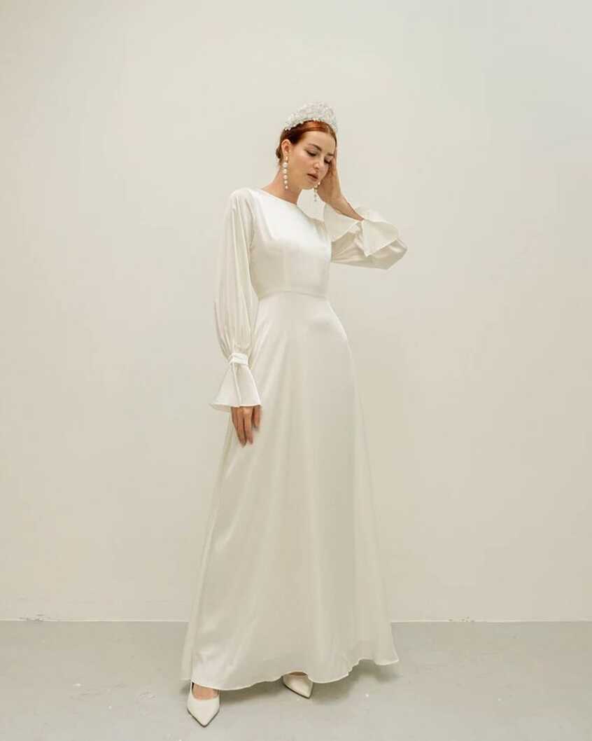 Aspen Cream White Floor Length Dress / Long Sleeves Satin Wedding ...