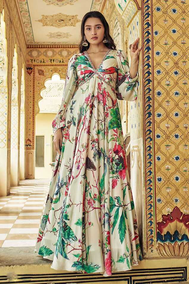 Astounding Cream Printed Designer Indo-Western Long Gown for ...