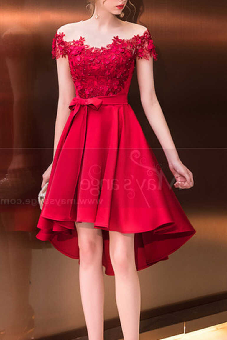 Asymmetrical Raspberry Red Strapless Embroidered Satin Cocktail Dress