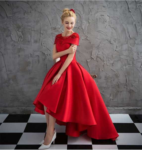 Asymmetrical Short Sleeve Satin Ball Gown Evening Dress