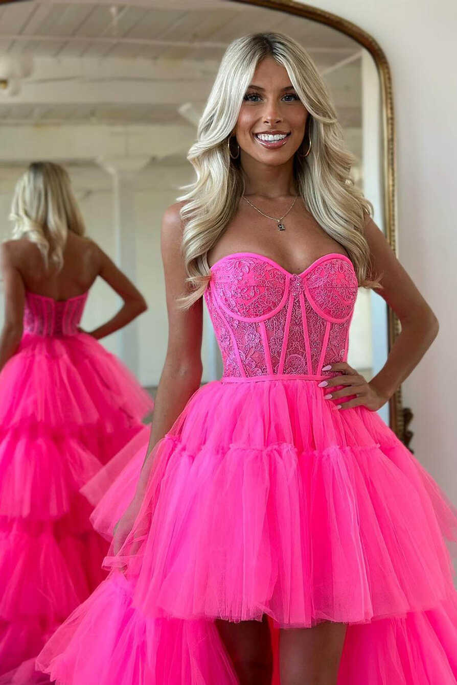 Asymmetry Sweetheart Tulle Pink Cute Homecoming Dress Long Prom ...