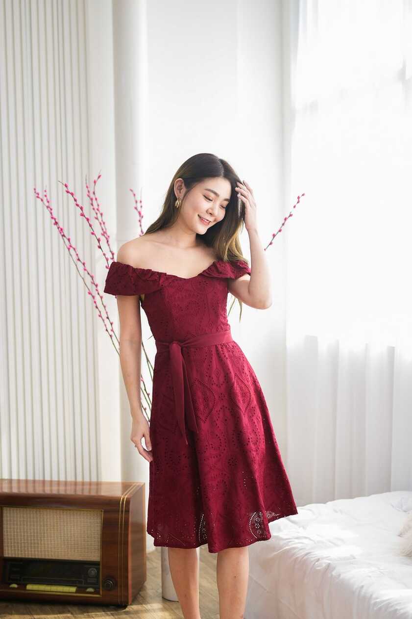 Athena Eyelet Off Shoulder Dress In Wine Red | Wardrobe of Joy