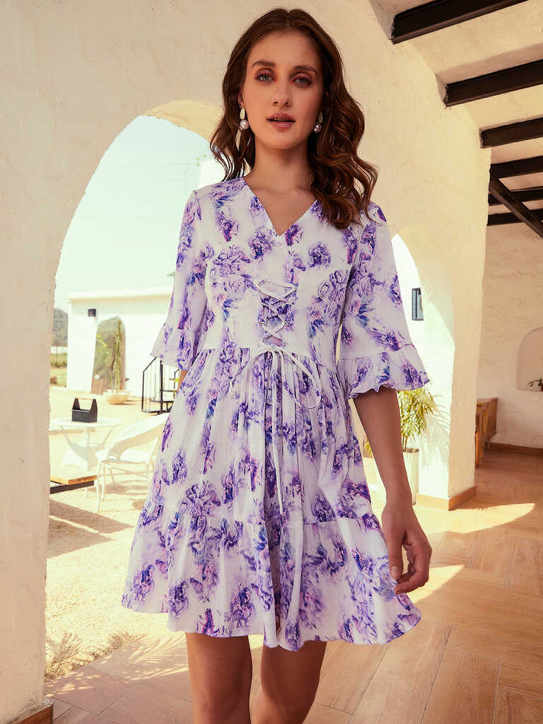 Athena Lavender Floral Printed Flared Sleeves Lace-Up Fit &amp; Flare ...