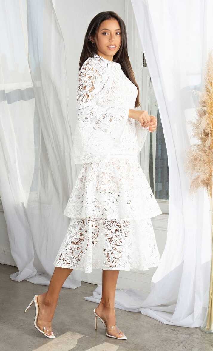 Attention To Detail White Long Flare Bell Sleeve Guipure Lace ...