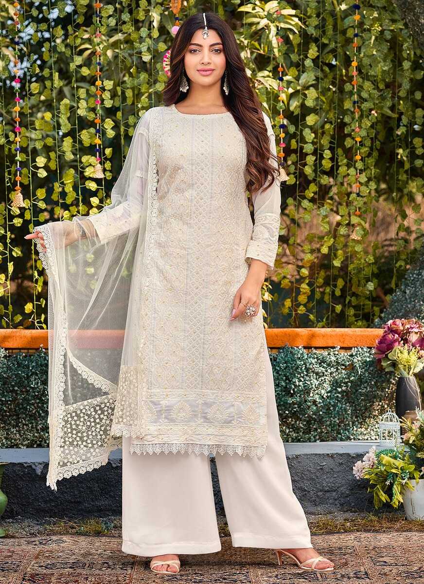 Attractive Embroidered Faux Georgette White Trendy Salwar Kameez