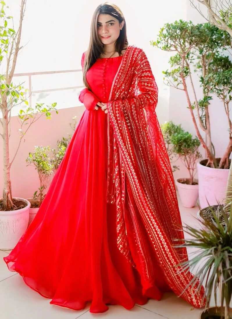 Attractive Party Wear Red Gown With Heavy Dupatta | YOYO Fashion