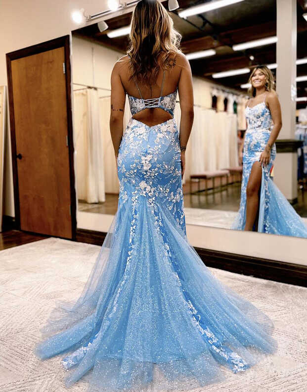 Aubrie Sky Blue Mermaid Spaghetti Straps Lace Tulle Prom Dress ...