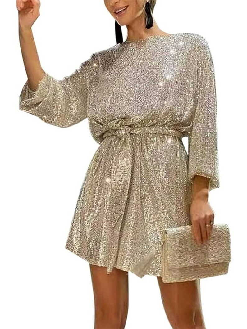 Aunavey Women Long Sleeve Sequins Glitter Dress Party Sparkle ...