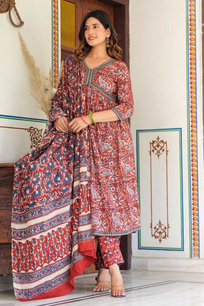 Auspicious Floral Red Hand Printed Cotton Nayra Cut Suit Set