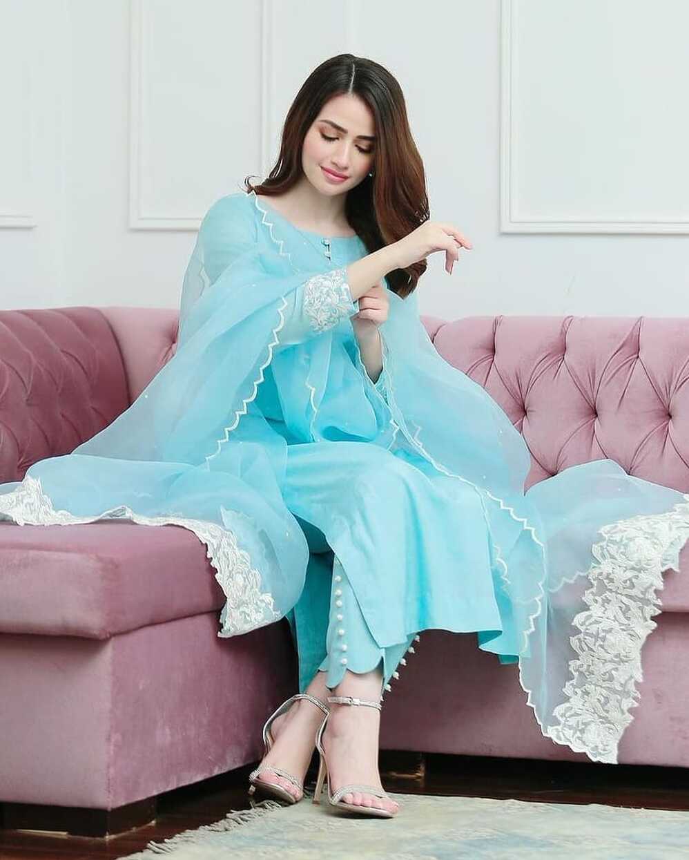 Auspicious Sky Blue Plain Rayon Cotton Salwar Suits With Organza ...