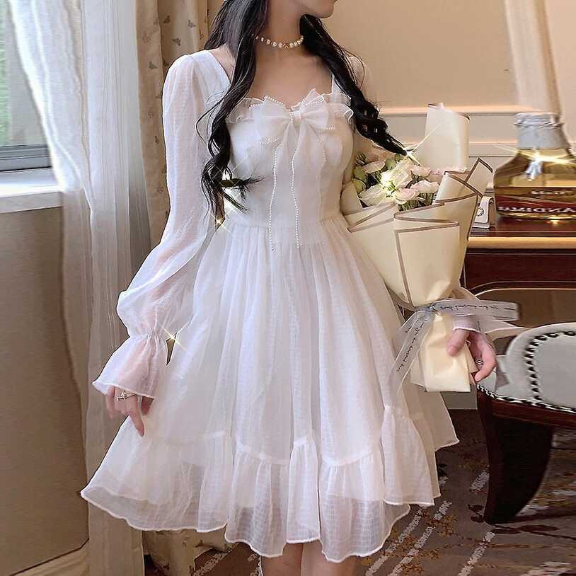 Autumn White Sweet Fairy Dress Women Bow Princess Kawaii Party ...