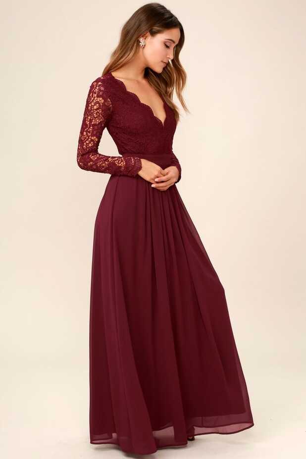 Awaken My Love Burgundy Long Sleeve Lace Maxi Dress