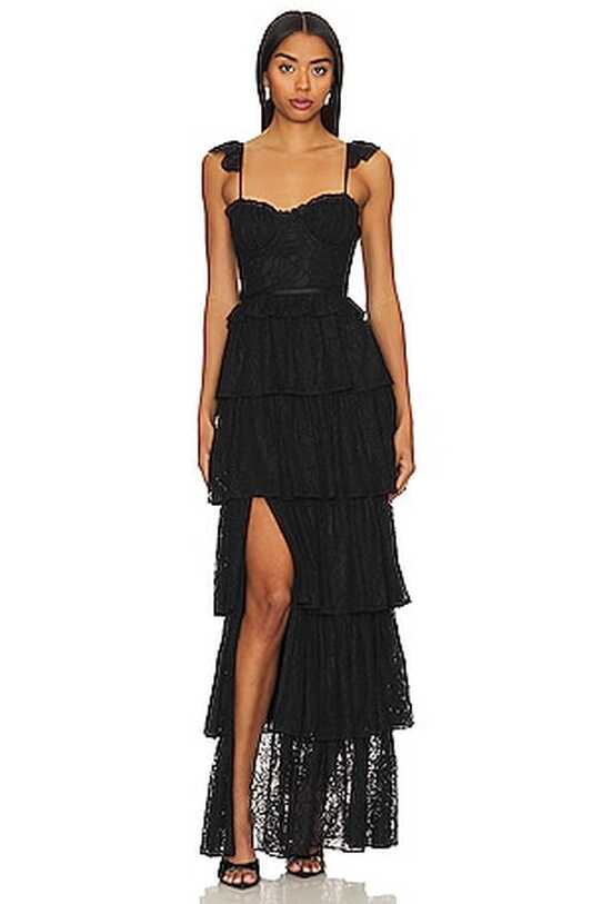 BCBGMAXAZRIA Tiered Ruffle Gown in Black | REVOLVE