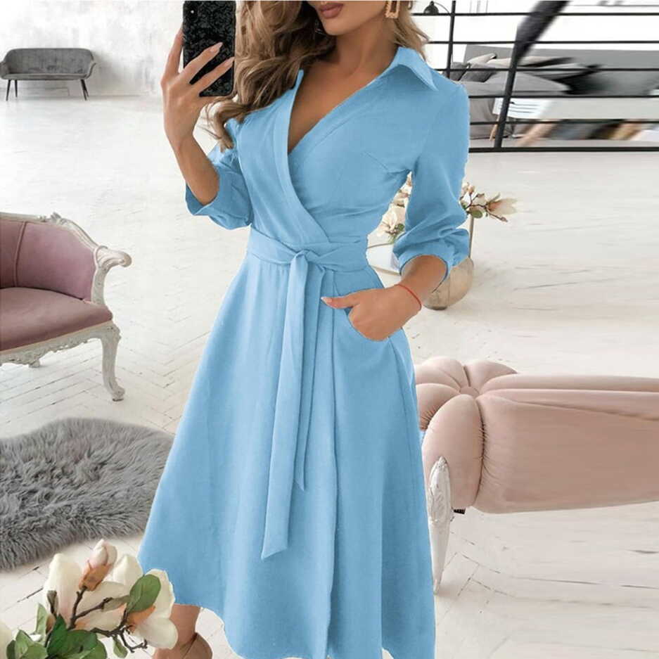 BEBUTTON Womens Summer Casual Solid Wrap Dresses Elegant V-Neck 3 ...