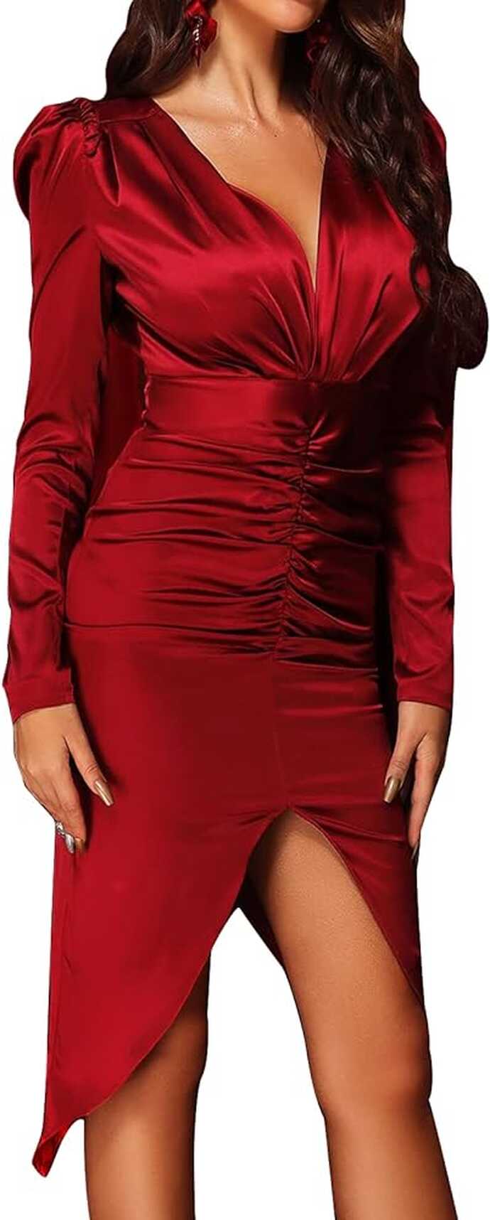 BELLA BARNETT Seductive Red Satin Dress Flattering Long Sleeve ...