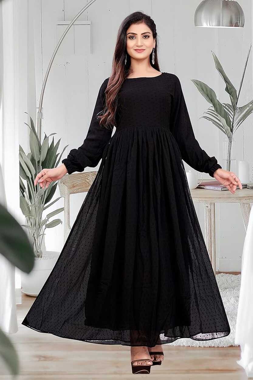 BHAVYATA Maxi Dress Full Stitched Long Black Dress Gown One Piece ...