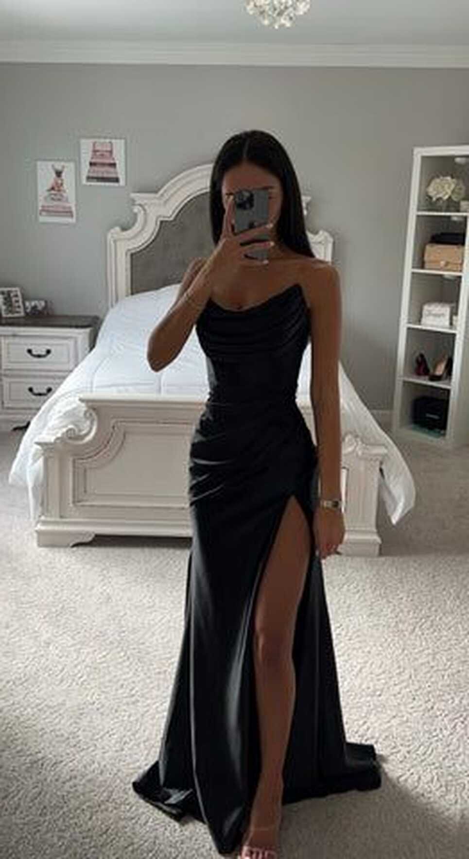 BLACK ASYMMETRICAL SATIN GOWN