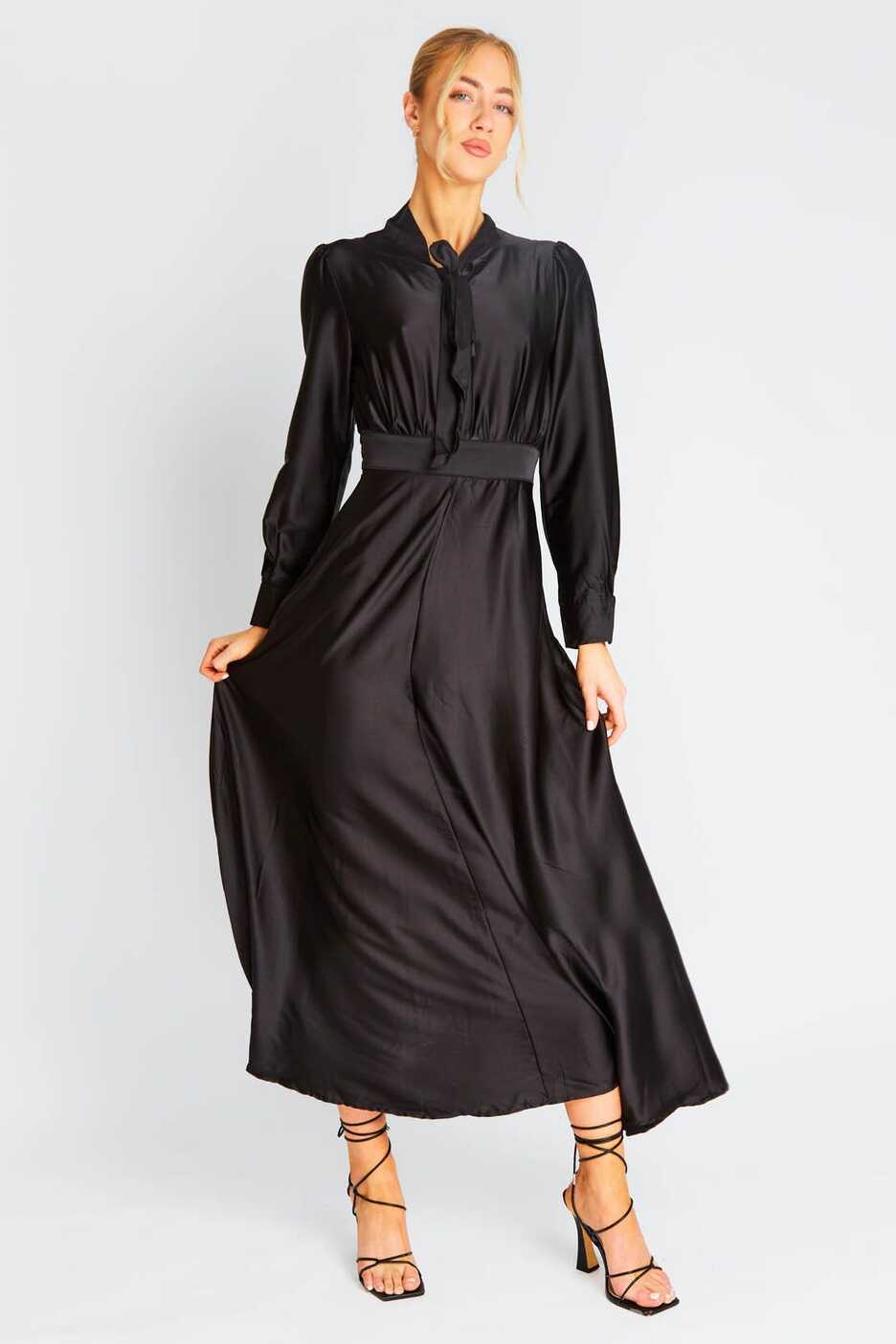 BLACK Satin maxi dress with neck tie | Womens Dresses | Select Fashion