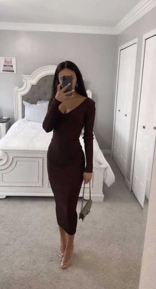 BODYCON MIDI DRESS - Brown / Large