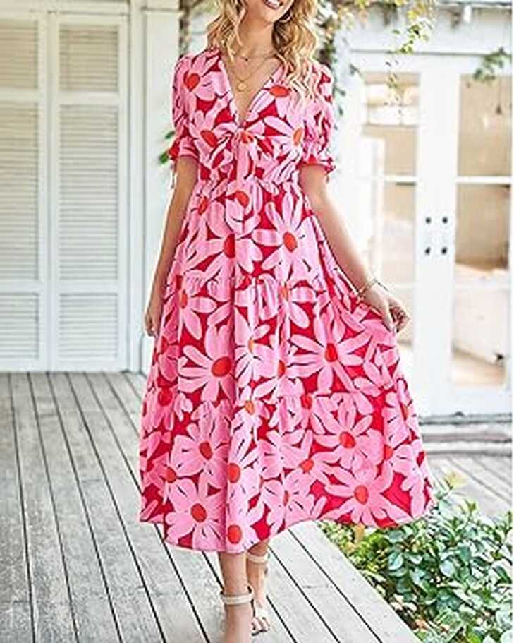 BTFBM Women Boho Floral Maxi Dress Flowy Casual V Neck Cutout ...