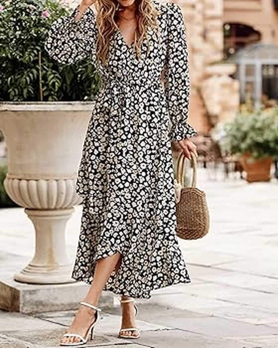 BTFBM Women Long Sleeve Wrap Maxi Dress V Neck Boho Floral High ...