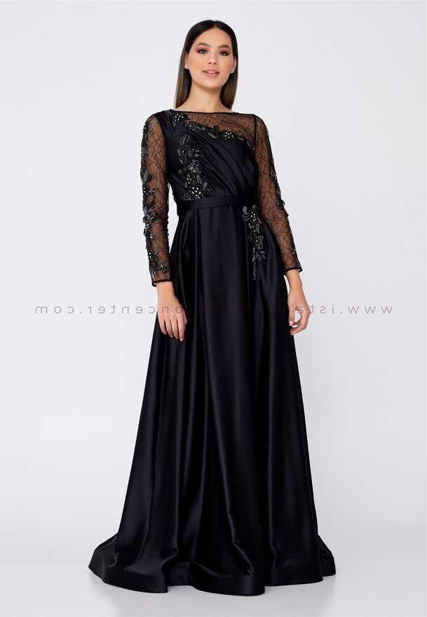 BUQLE DESIGN Long Sleeve Maxi Satin A - Line Regular Black Wedding ...