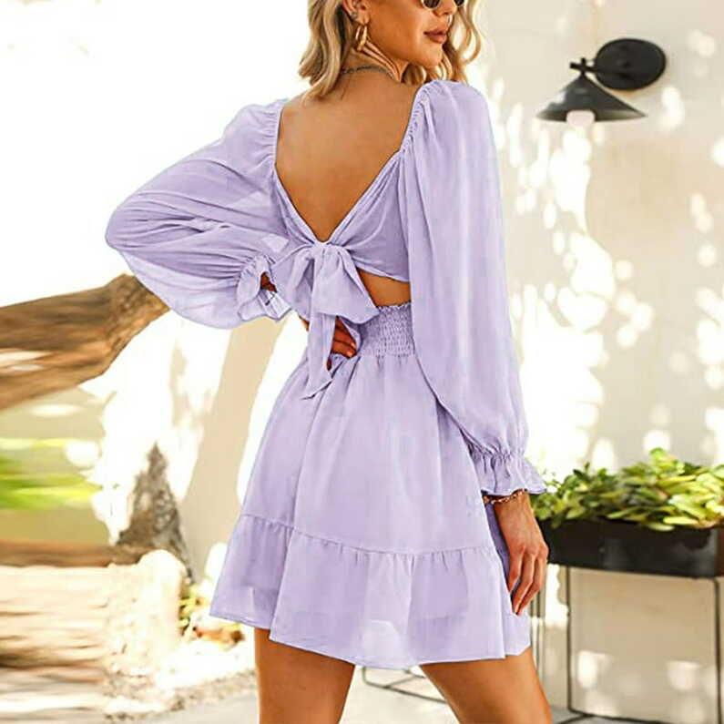 Baberdicy Casual Dress Women&#39;s Long Sleeve Square Neck Frilled ...