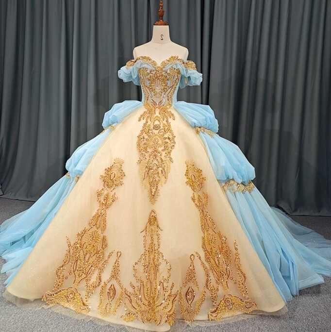 Baby Blue Gold Princess Quinceañera Dress – TulleLux Bridal Crowns ...