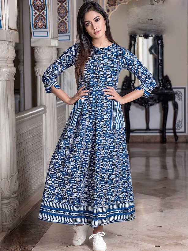 Baby Blue Maslin Silk Casual Printed Gown