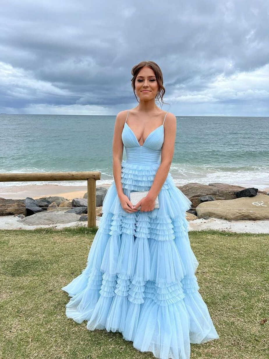 Baby Blue Ruffles Tulle Prom Dresses, A-line Prom Dresses, 2023 ...