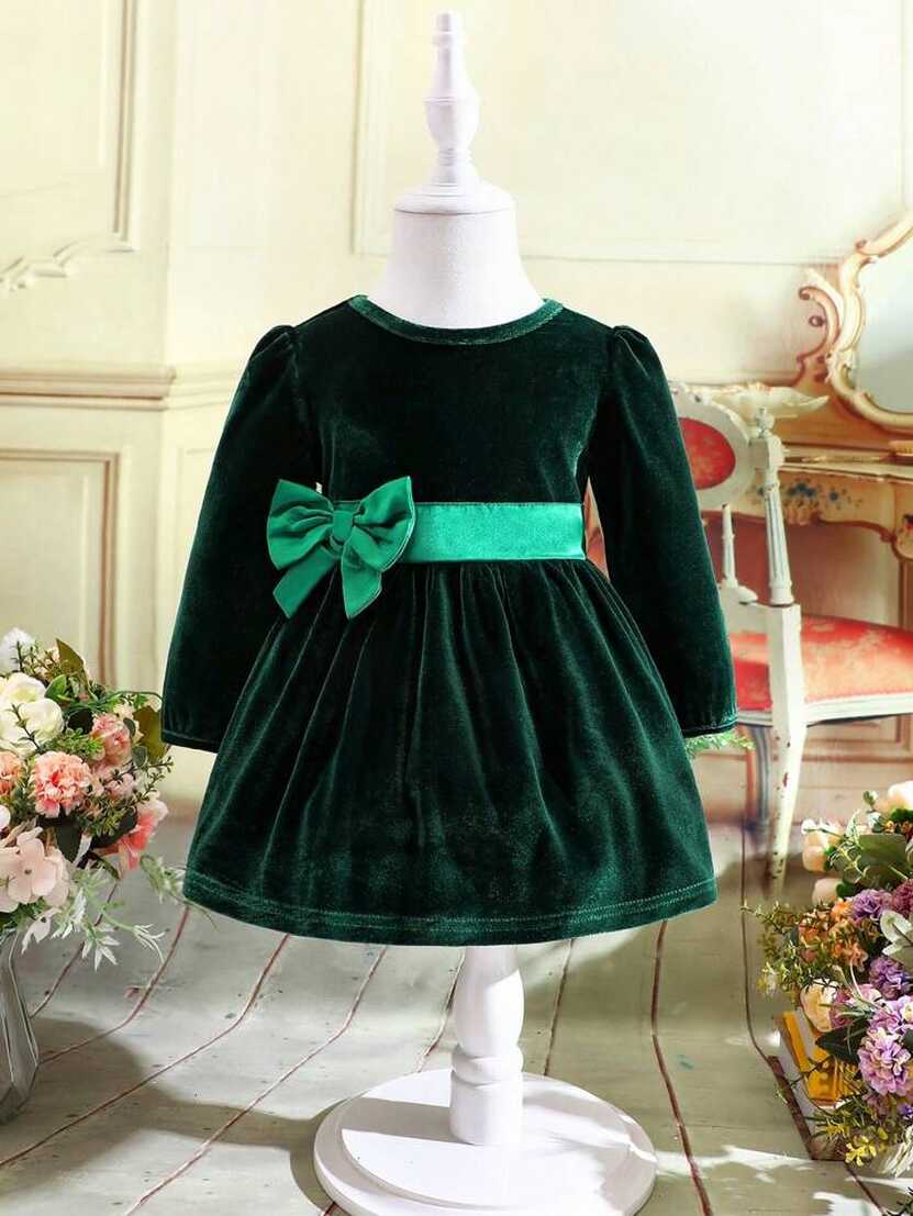 Baby Girl Bow Front Puff Sleeve Bow Front Velvet Dress | SHEIN