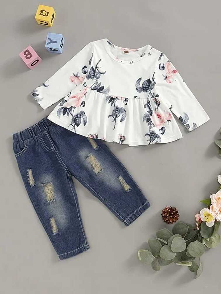 Baby Girl Floral Print Top &amp; Ripped Jeans