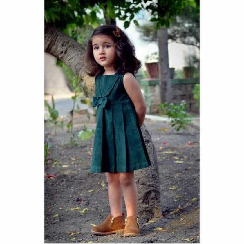 Baby Girl Plain Girls Green Plated Dress with Cute Attached Bow ...