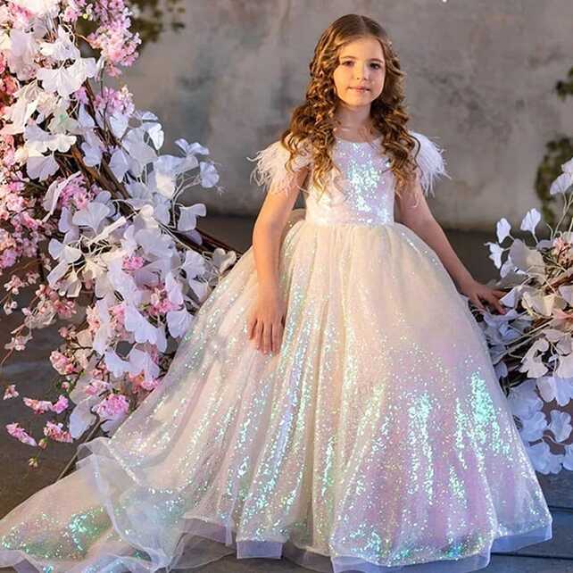 Baby Girls Birthday Party Ball Gown Feather Sleeve Little Kids ...