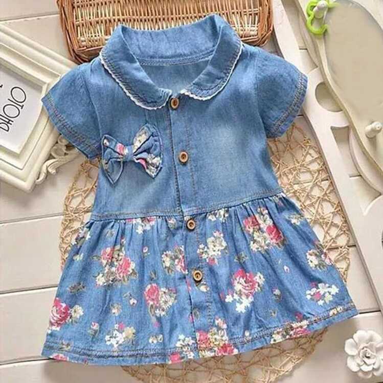 Baby Girls Floral Print Bowknot Short Sleeve Princess Denim Dress ...