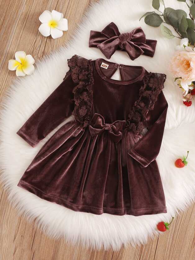 Baby Lace Ruffle Trim Bow Front Velvet Dress With Headband