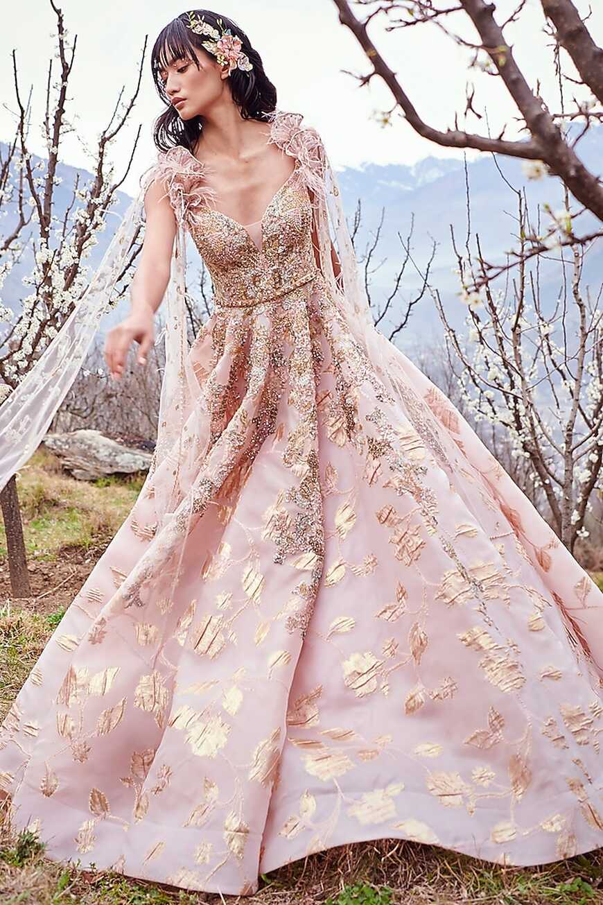 Baby Pink &amp; Gold Embroidered Bridal Gown Design by Dolly J at ...